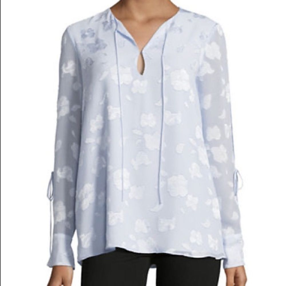 Ellen Tracy Floral Tie Slit Blouse-BLUE-Small